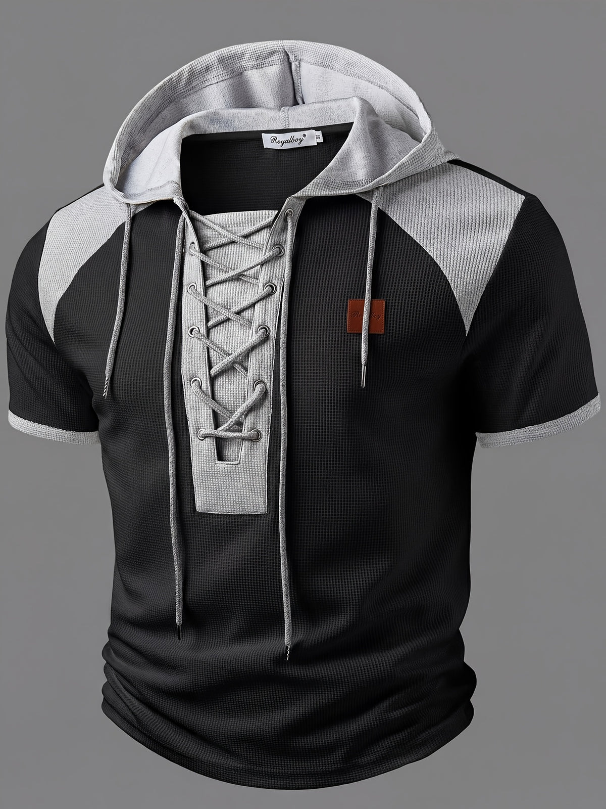 ROYALBOY Spring New Arrival: Hooded Short Sleeve with Dual-Color Waffle Knit Patchwork and Eyelet Drawstring Design. Versatile for Daily Wear, Fashionable Casual Style, Suitable for Gatherings and Parties. Machine Washable, Not Dry Cleanable - Black