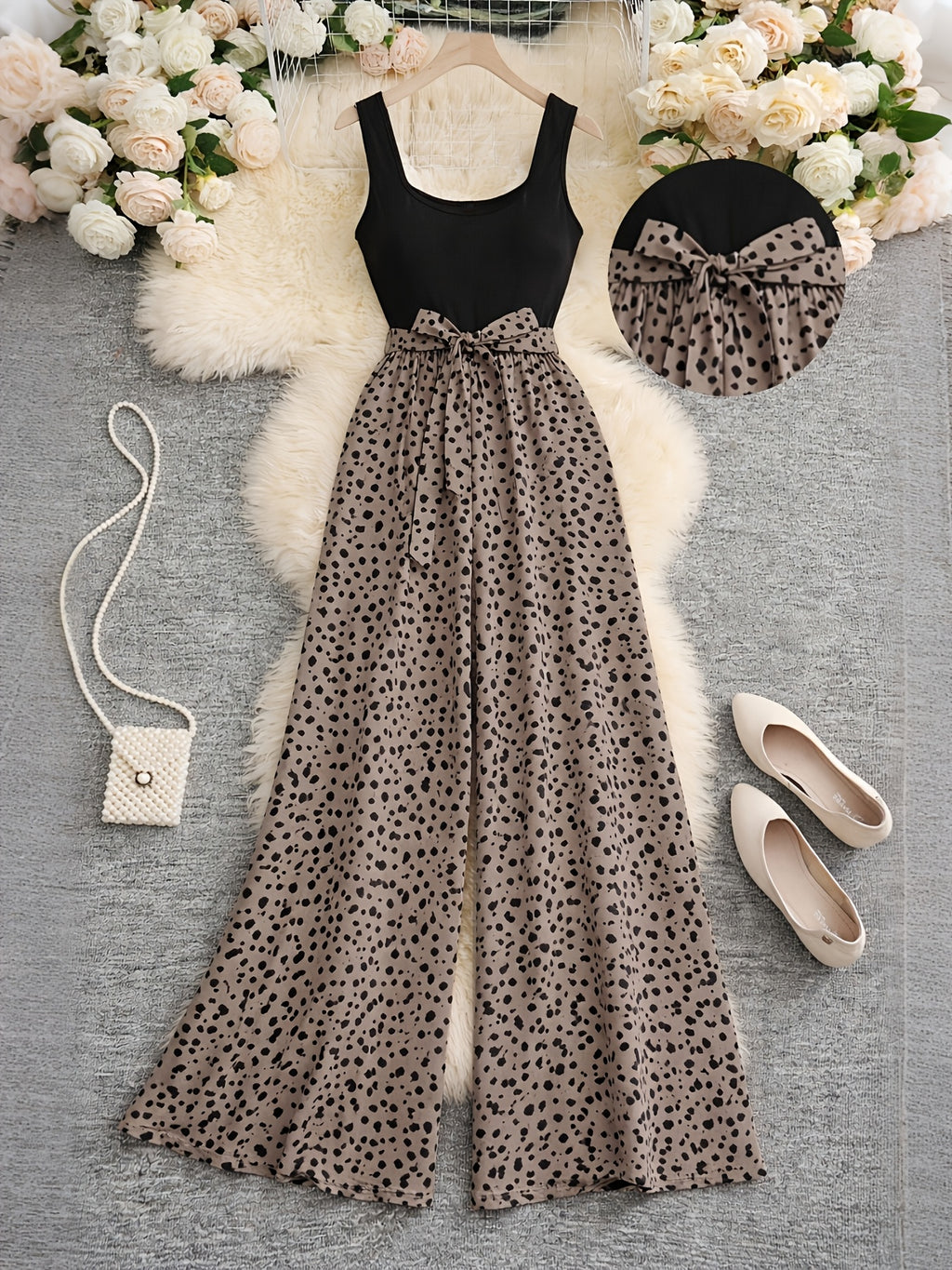 Women's Leopard Print Wide-Leg Jumpsuit, Sleeveless Vest-Style High-Waist Tie-Up Romper, Casual Loose-Fit Jumpsuit, Elegant Spotted Print 2026 Spring/Summer New 1pc Pantsuit - Khaki