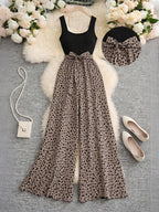 Women's Leopard Print Wide-Leg Jumpsuit, Sleeveless Vest-Style High-Waist Tie-Up Romper, Casual Loose-Fit Jumpsuit, Elegant Spotted Print 2026 Spring/Summer New 1pc Pantsuit - Khaki