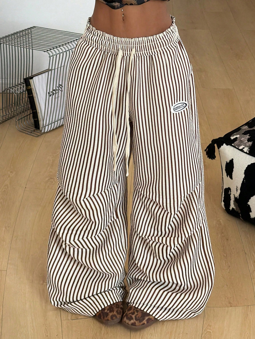 Women's Summer Basic Striped Wide-Leg Jogger Pants - Khaki