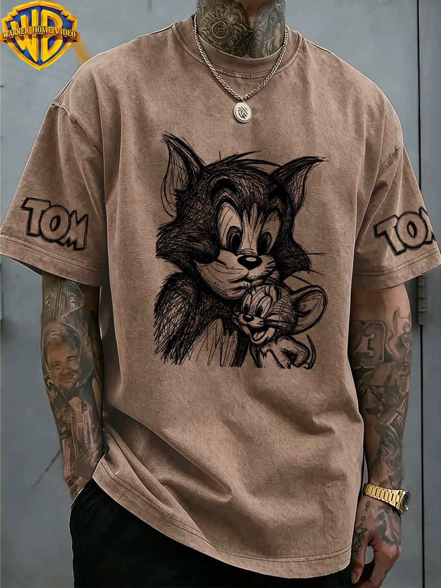 Warner Bros. Officially Authorizes Portrait Pattern Printed Retro Washed Distressed Short Sleeved T-shirt for Both Men and Women, Machine Washable Daily Commuting Outdoor Sports and Leisure Top - Coffee Color
