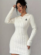 Women'S Elegant Fashion Embroidery, Long Sleeve Twisted Rope Cable Pullover, Autumn Winter Versatile Dress Sweater - Off-white