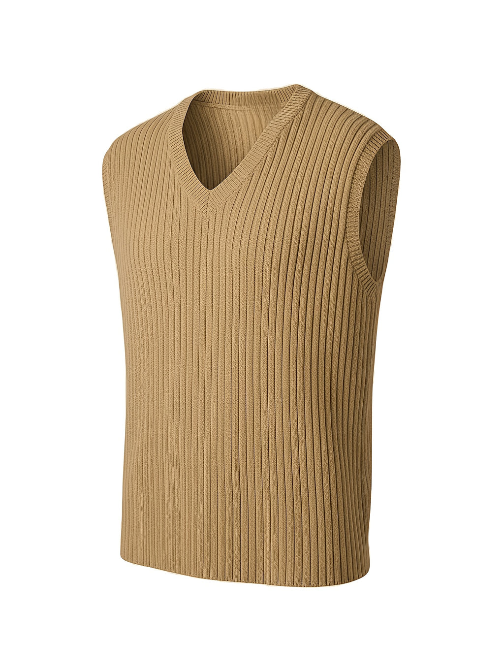 Men'S Sleeveless V-Neck Knitted Vest, Ribbed Casual Summer Top - Khaki