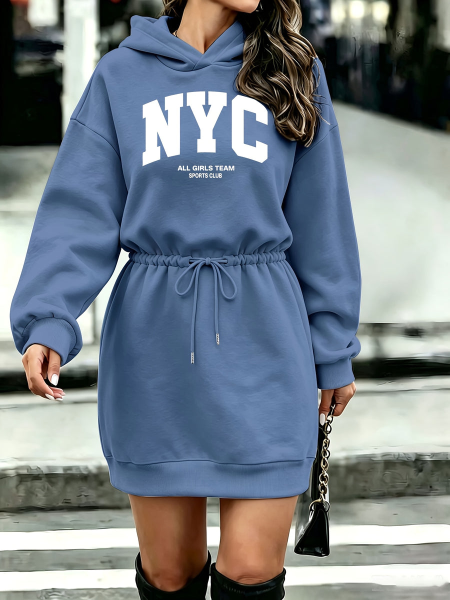 Women'S Tummy Control Drawstring Letter NYC Print Hooded Sweatshirt - Fog Blue