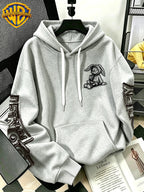[Warner Bros] Licensed Men'S New Trendy Hoodie Sitting Drinking Milk Tea Rabbit Pattern Print Casual Hoodie, Daily Drawstring Loose Pullover Top, Machine Washable All-Match Sports Casual Men'S Top - Light Grey