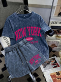 Summer Trendy Fashion Distressed Washed Short Sleeve Shorts with Drawstring Women'S Set NEW YORK City Letter Print American College Style (Varsity), New York Landmark Theme, Retro Style Comfortable for Hot Weather, Classic Silhouette for Styling - Blue