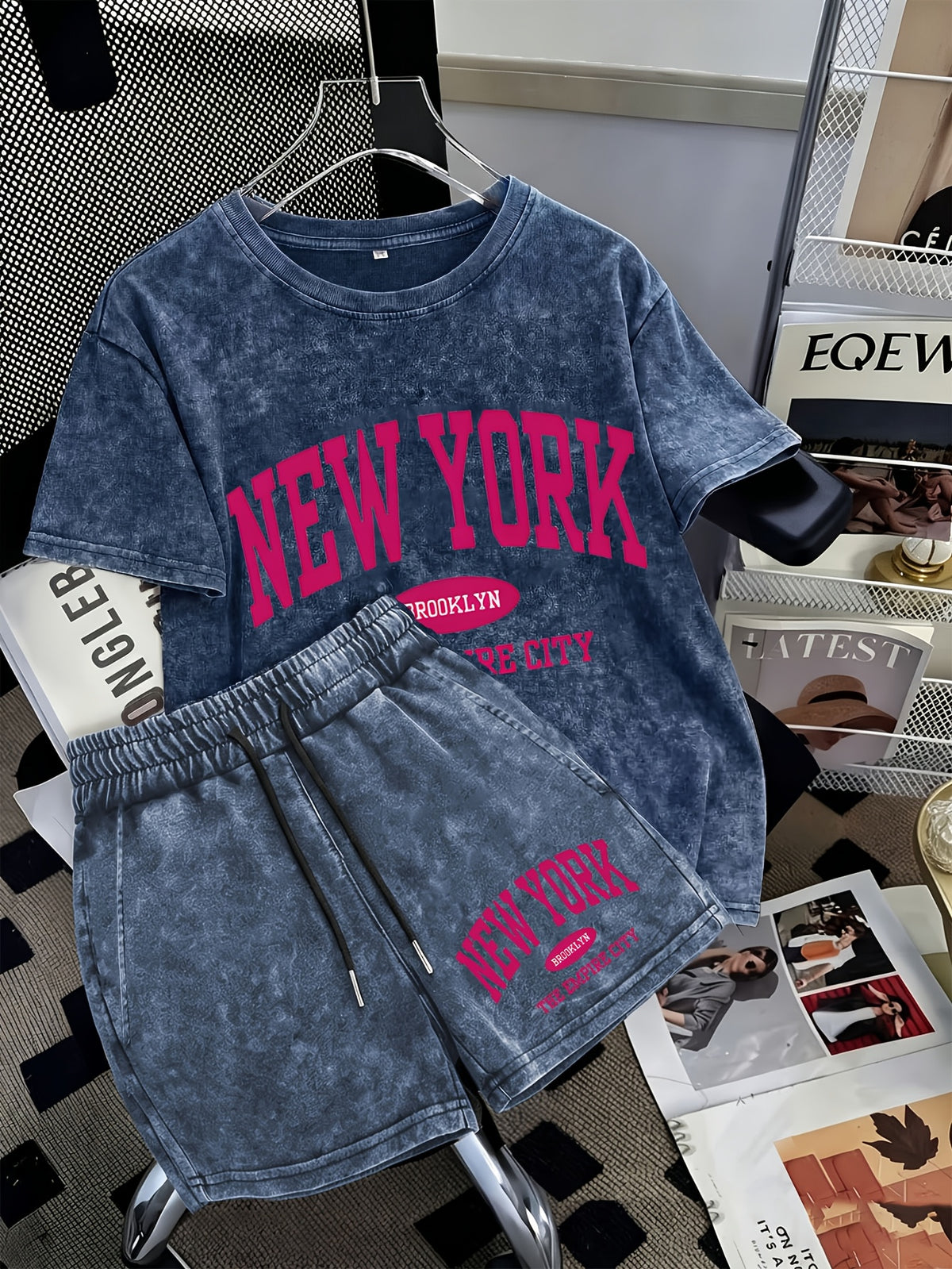 Summer Trendy Fashion Distressed Washed Short Sleeve Shorts with Drawstring Women'S Set NEW YORK City Letter Print American College Style (Varsity), New York Landmark Theme, Retro Style Comfortable for Hot Weather, Classic Silhouette for Styling - Blue