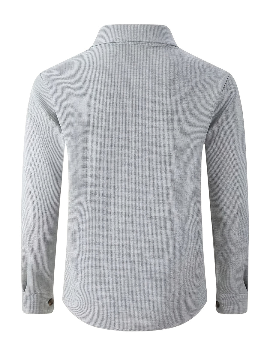 Men's Textured Lapel Casual Shirt Jacket, Lightly Mature Commuter Style, Wrinkle-Free and Easy to Care for. Simple and Textured Dual-Pocket Workwear Design. Subtle and Distinctive Label Decoration on the Chest. Suitable for Workplace, Daily Use - Grey