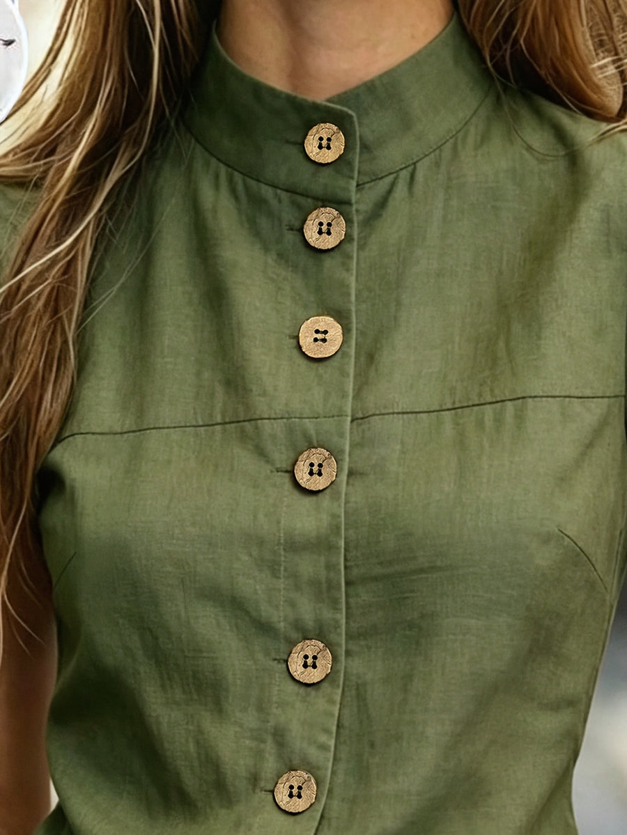 Solid Color Stand Collar Single-Row Wooden Button Short Sleeve Blouse, Elegant Commute Pure Top Shirt - Military Green