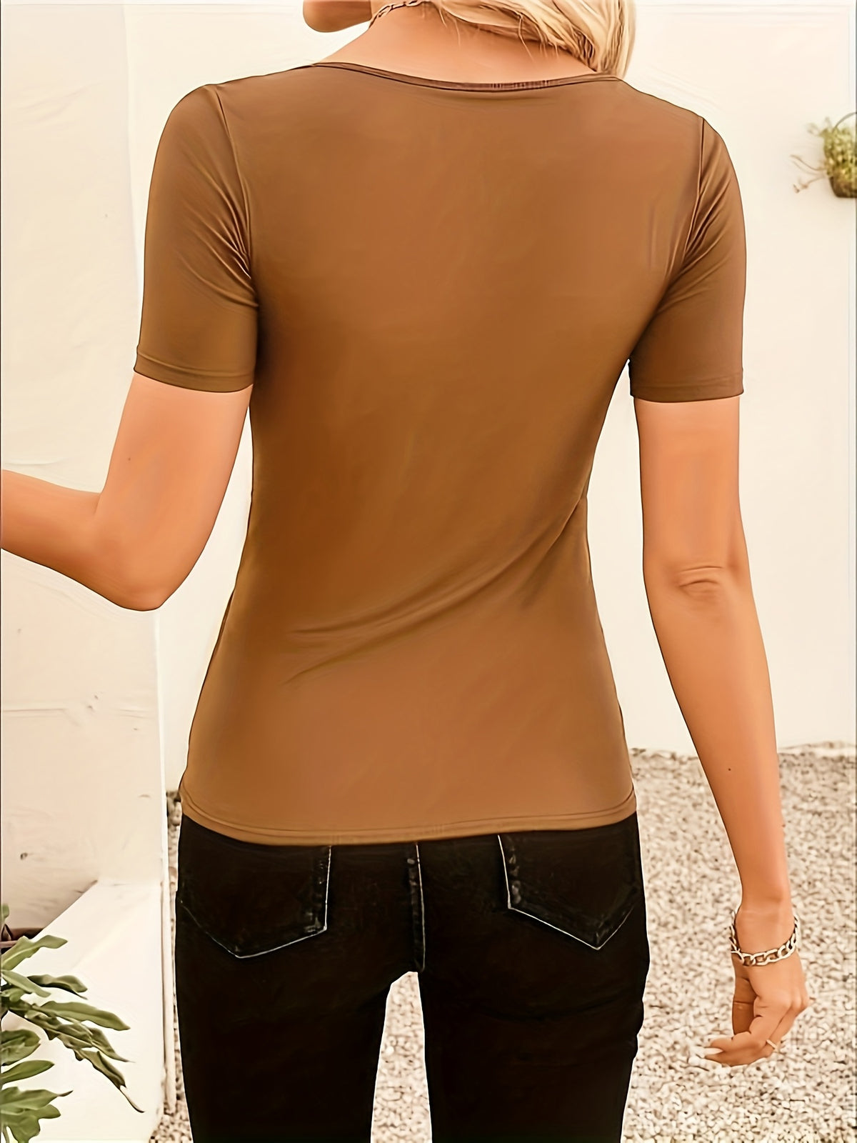 Women's Summer Shell Trim T-Shirt V-Neck Short Sleeve Fitted Sexy Top - Light Brown-1