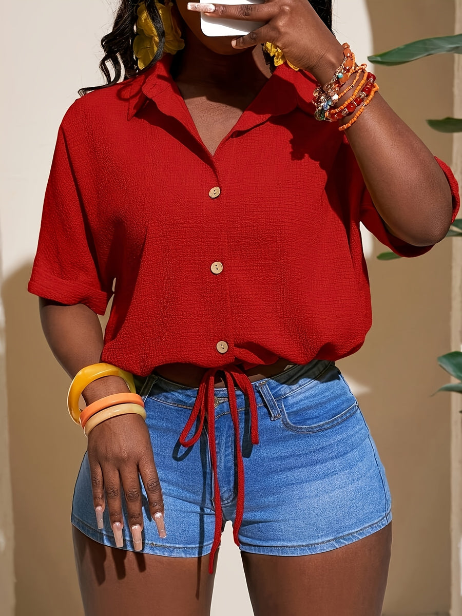 Women'S Autumn And Winter Clothing Summer New Texture Fabric Orange Short-Sleeved Casual Vacation Shirt - Red