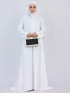 1pc Women Solid Color Long Sleeve Abaya Maxi Dress, Loose Modest Long Kaftan with Side Pockets, Elegant Full Length Muslim Casual Long Dress for Daily Wear - White