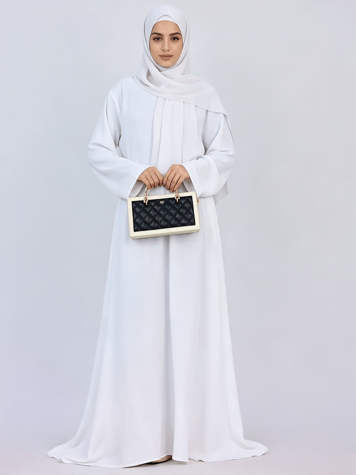 1pc Women Solid Color Long Sleeve Abaya Maxi Dress, Loose Modest Long Kaftan with Side Pockets, Elegant Full Length Muslim Casual Long Dress for Daily Wear - White