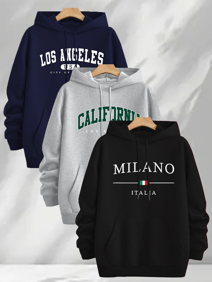 3pcs Urban Element Print Sweatshirt, Men's Casual Hooded Sweatshirt, Long-sleeve Pullover, Slight Stretch, Knitted Polyester Fabric, Regular Men's Hoodie - Dark Blue + Light Gray + Black