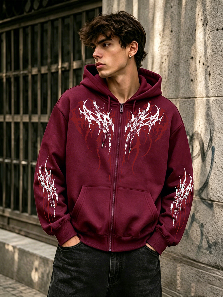 Black Metal Thorns Print Zipper Hooded Cardigan Sweatshirt - Red