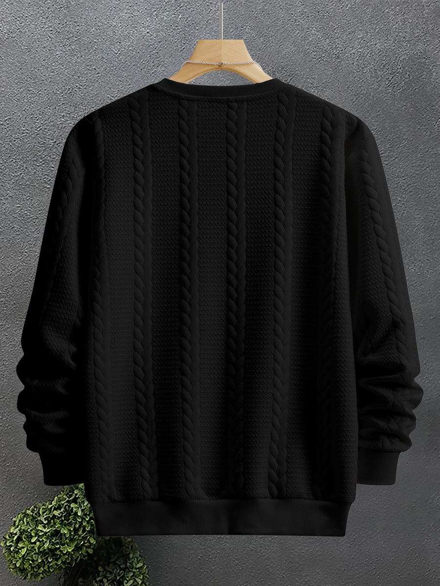 Men'S Fashion Round Neck Sweatshirt, Men'S Round Neck Sweatshirt, Jacquard Design Casual Street sweatshirt, Easy Basic Style Long Sleeve T-Shirt, Athletic sweatshirt, Men'S Casual Wear, Cuffed End, Autumn Essentials - Black