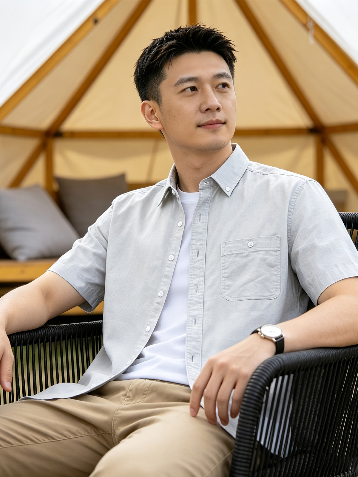 Men'S Casual Short Sleeve Shirt, Loose Easy Fit, Lightweight Breathable, Daily Summer Versatile Top - Apricot