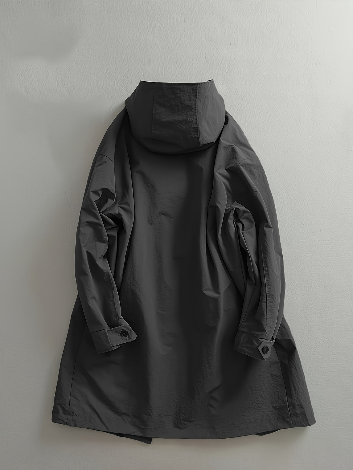 Men's Mid-Length Trench Coat for Spring/Autumn, Japanese-Style Minimalist Light Luxury Fashion, High-End Gray Long Hooded Trench Coat - Black