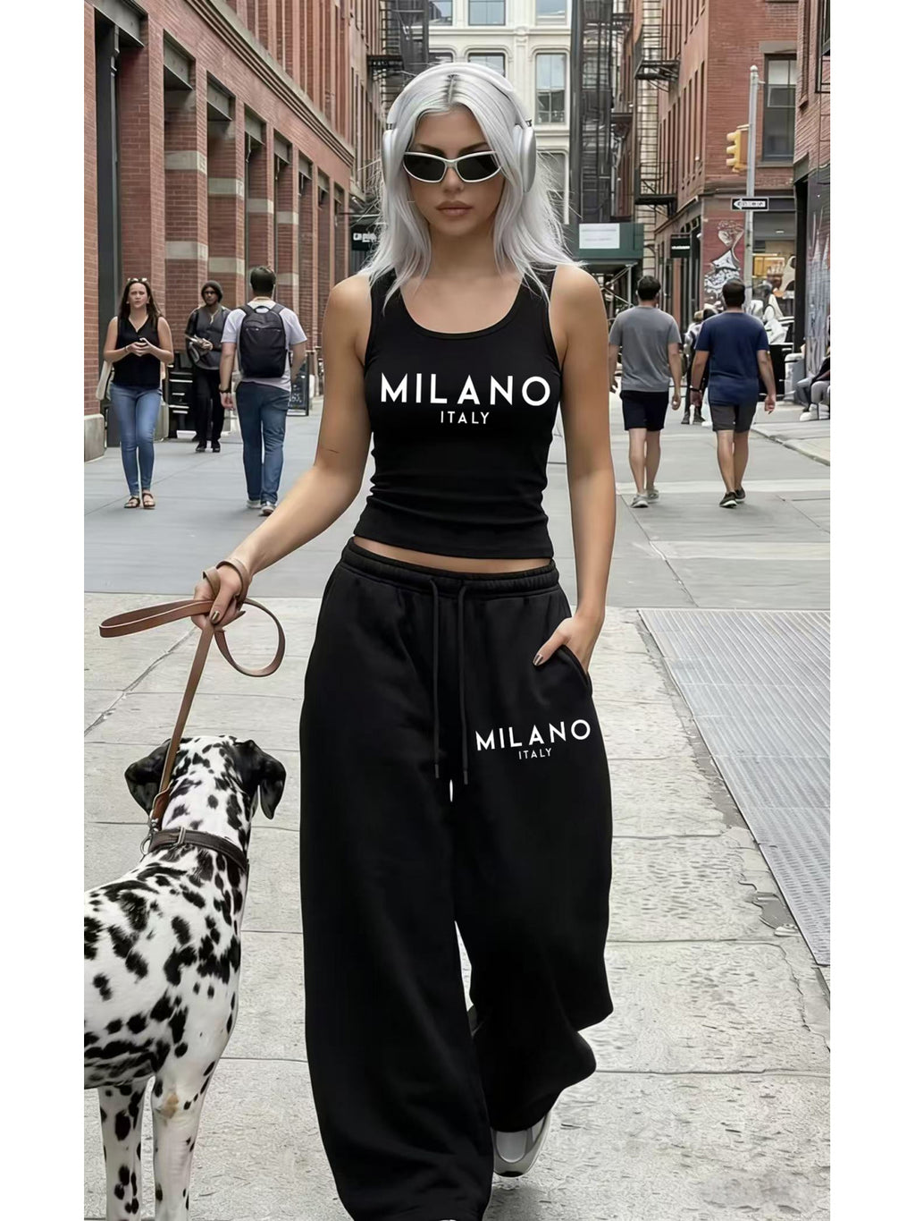 Ladies Black Sleeveless Short Vest Set Milano City Letter Print Top + High-Waisted Loose Pants European And American Hot Style Women'S Clothing - Black
