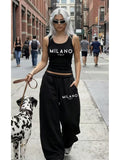Ladies Black Sleeveless Short Vest Set Milano City Letter Print Top + High-Waisted Loose Pants European And American Hot Style Women'S Clothing - Black