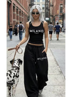 Ladies Black Sleeveless Short Vest Set Milano City Letter Print Top + High-Waisted Loose Pants European And American Hot Style Women'S Clothing - Black