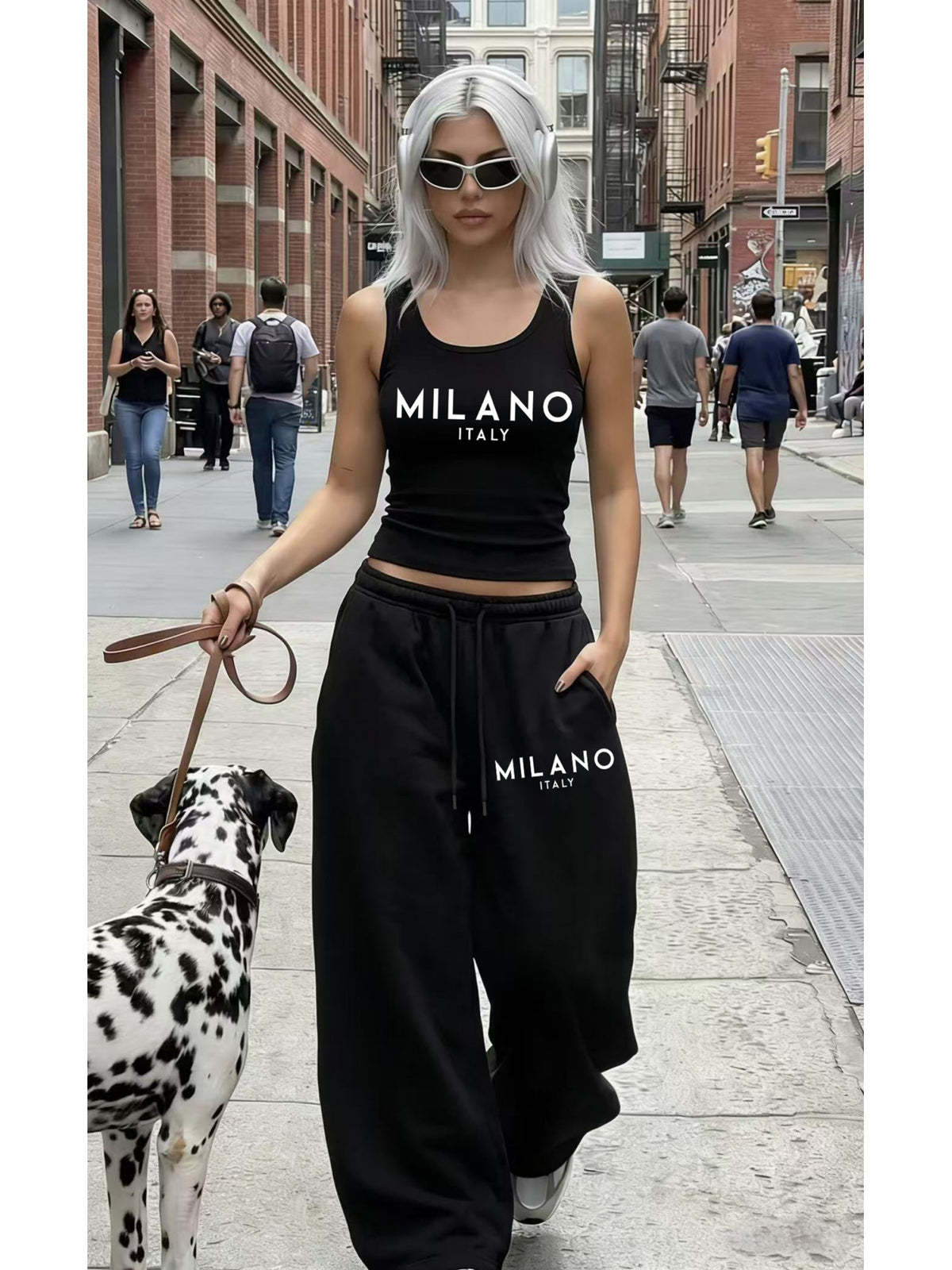 Ladies Black Sleeveless Short Vest Set Milano City Letter Print Top + High-Waisted Loose Pants European And American Hot Style Women'S Clothing - Black