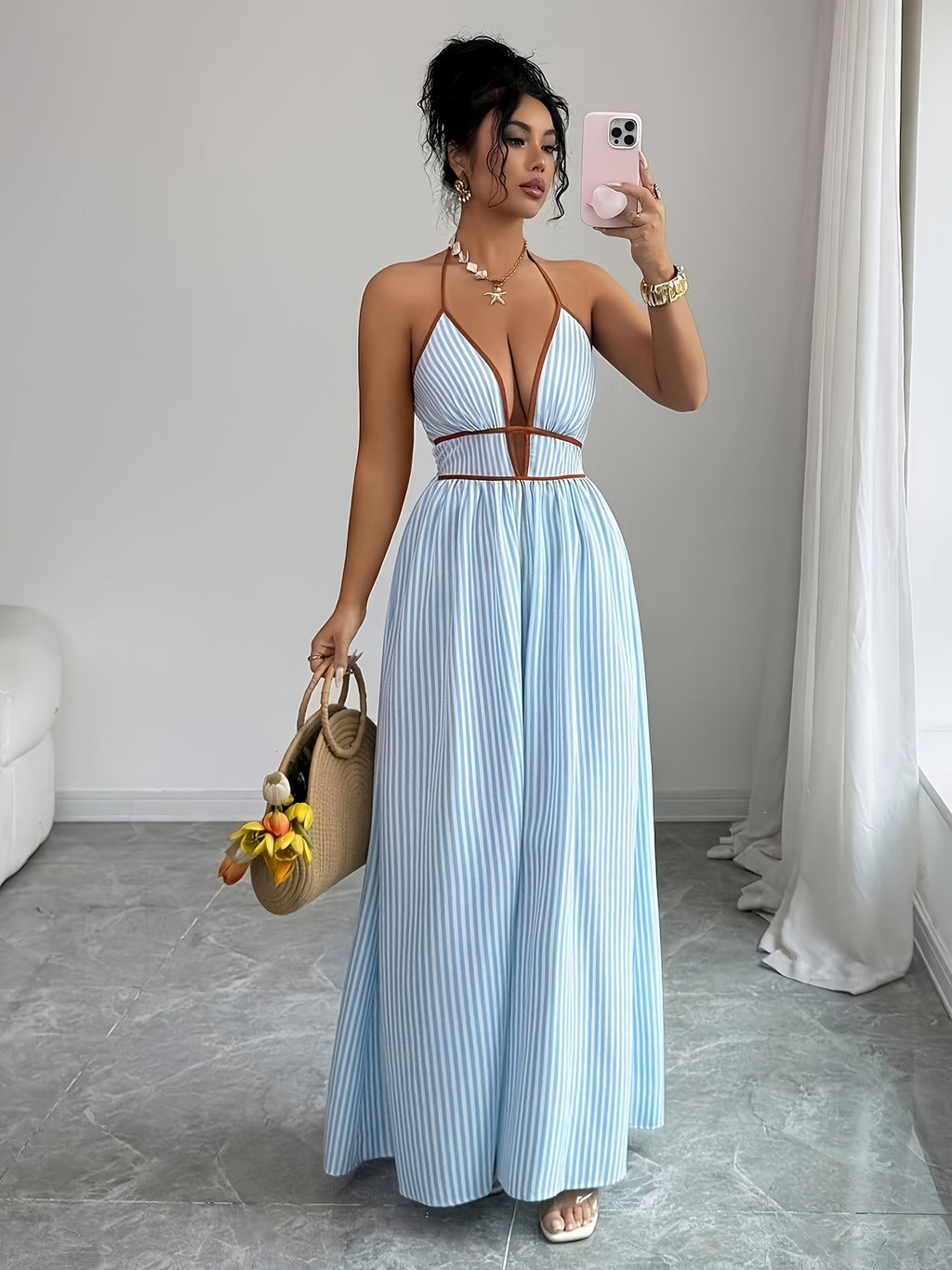 Women's Fashion Halter Neck Tie-Strap Striped Vacation Style Long Dress - Azure