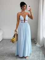 Women's Fashion Halter Neck Tie-Strap Striped Vacation Style Long Dress - Azure