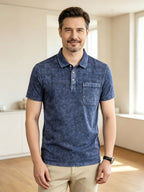 American-style Washed Distressed Short-Sleeve T-Shirt for Middle-Aged and Elderly, with Real Pockets, Casual Nostalgic Vintage Polo Shirt, Washed Distressed Fade Effect - Blue