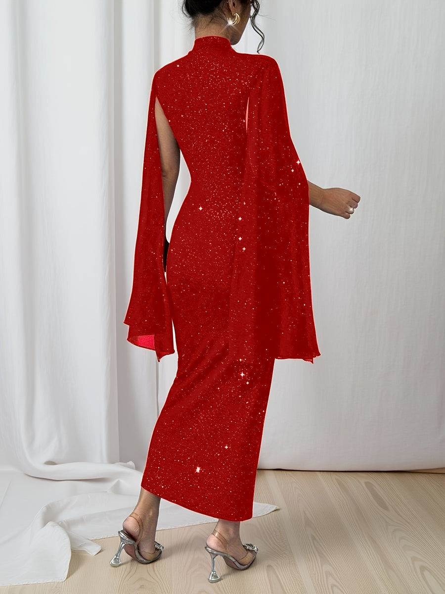 Women's Elegant Slim-Fit Shining Patchwork Dress with Starry Sky Print & Slit Sleeves - Mid-Length Pencil Dress, Stand Collar, Machine Washable for Weddings, Parties, Business Events - Year-Round Wear - Red
