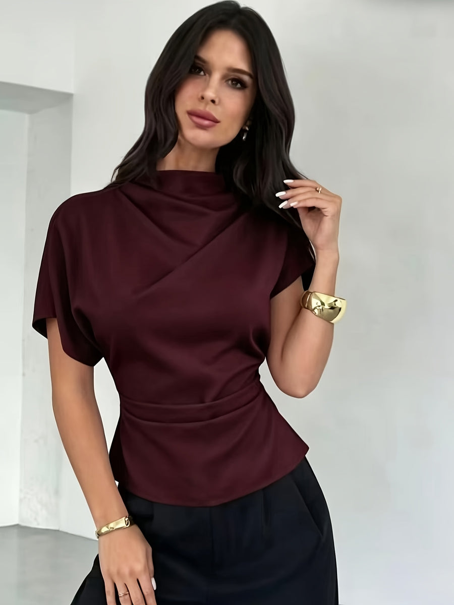 Asymmetrical Sleeve Side Ruched Waist Commuter Women'S Blouse, All-Season - Deep Red