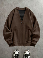 Spring/Autumn New Men's Solid Color V-Neck Zipper Knit Cardigan Jacket, Versatile Top for Commuting, Daily Wear, and Casual Occasions, Simple, Loose-Fitting, Skin-Friendly, and Soft, Couple's Knit Outerwear - Coffee Color