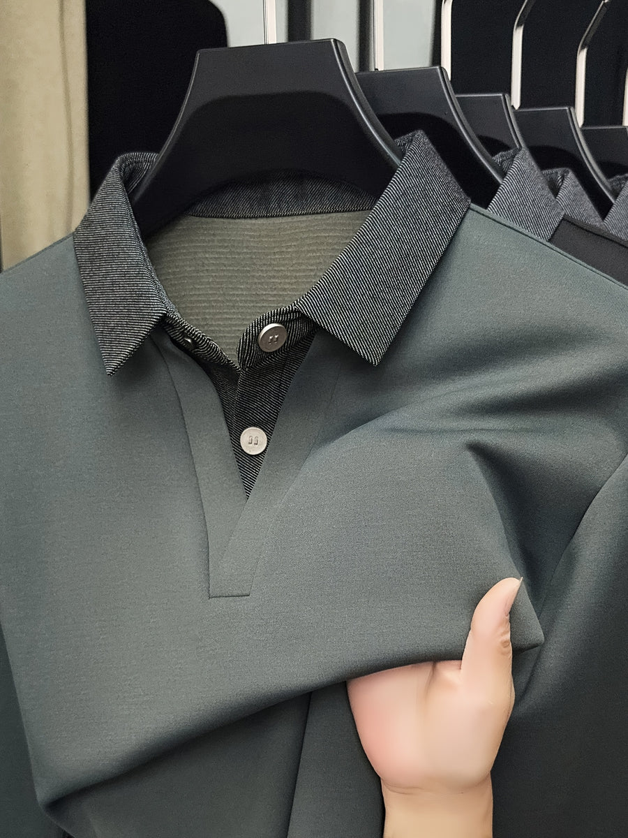 Men's Autumn/Winter 2-in-1 Look Polo Sweatshirt, Pullover Top, Business Casual, Daily Outings, Versatile and Durable, Warm and Comfortable, Ideal Gift Choice - Gray Green