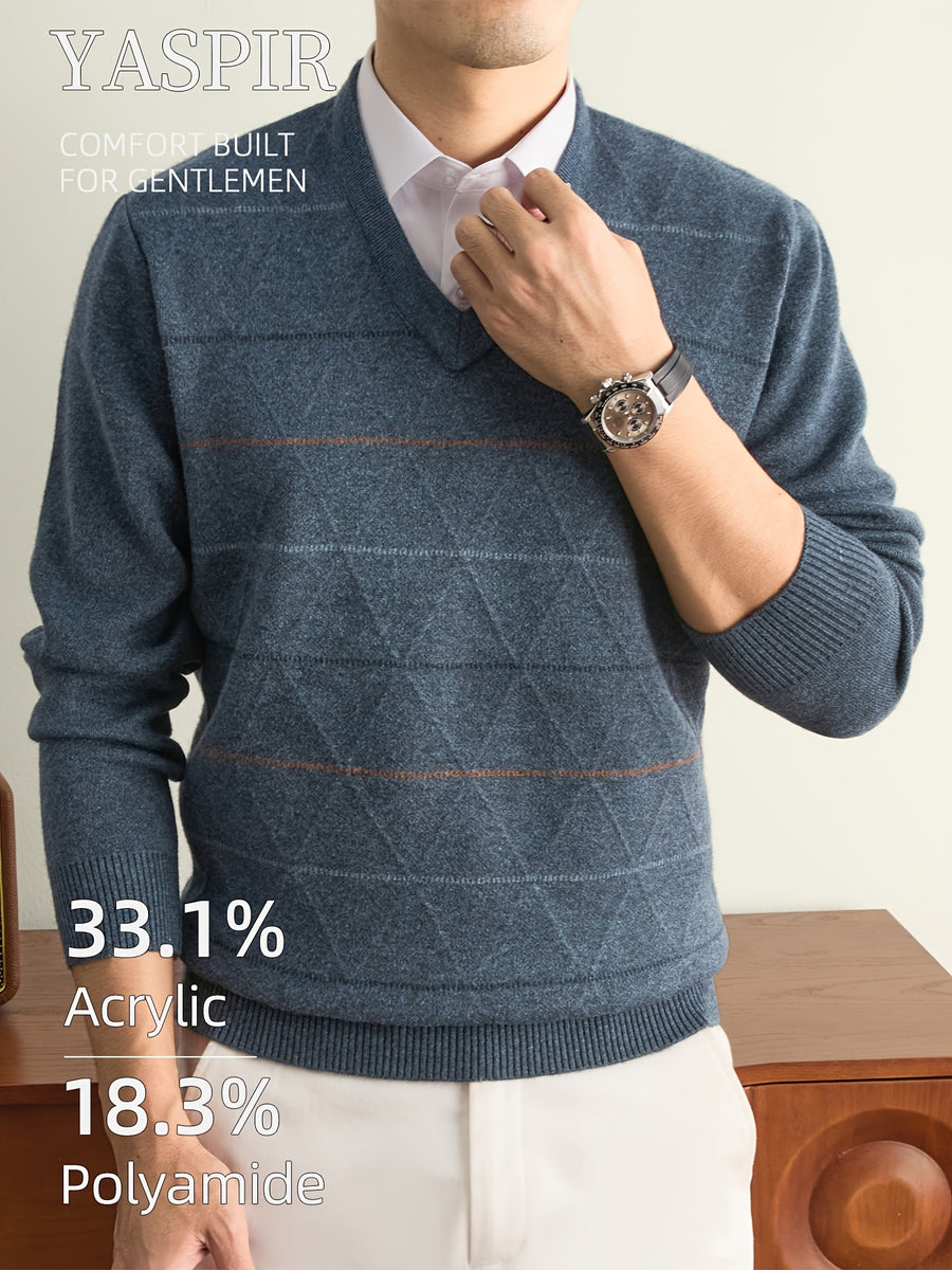 Autumn Winter Men'S Knit Pullover Sweater, Classic V-Neck Striped Design, Easy Casual Old Money Style Warm And Cold-Resistant, Suitable for Daily Commute, Leisure, Sports, Outdoor Camping, Hiking, Fishing, Holiday Gift for Father Or Husband - Blue