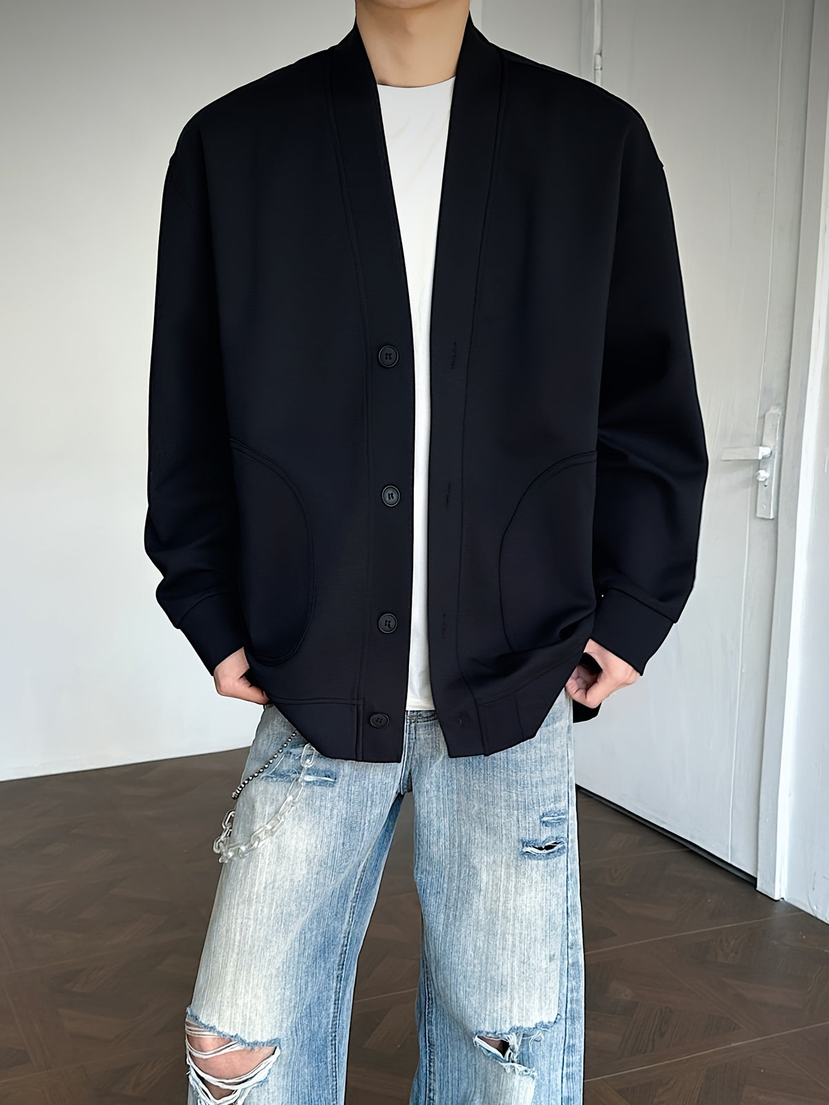 Men'S Soft Shell Jacket, 1pc Men'S Fashionable Easy Versatile Casual Jacket Outerwear Top, Loose Fit, Comfortable Stretch Fabric, Suitable for Daily Casual Wear - Black