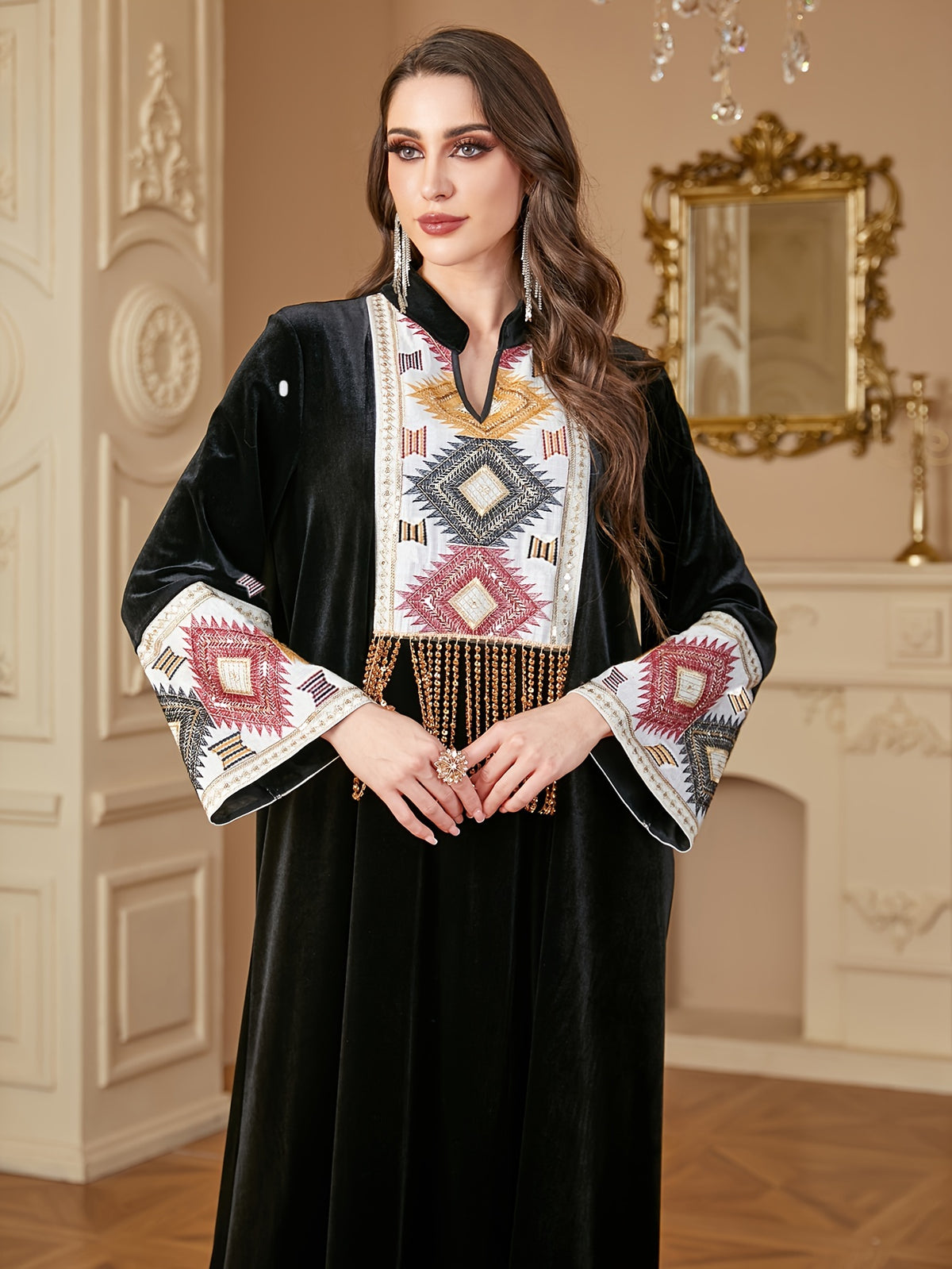 -Muslim Notched Stand Collar Tassel Long Dresses for Women Loose Elegant Kebaya Patchwork Sleeve Abayas - Black