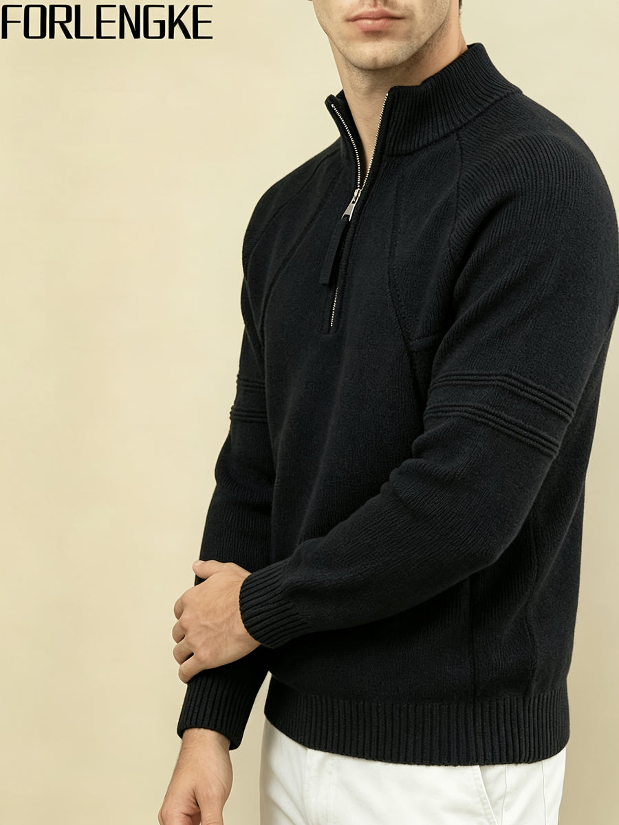 FORLENGKE Autumn and Winter Men's Half-Turtleneck Half-Zip Sweater with 3D Cut and Textured Knit, Metal Half-Zip Stand Collar, Simple Solid Design, Commuter and Casual Wear, Men's Autumn and Winter Base Knit Pullover - Black