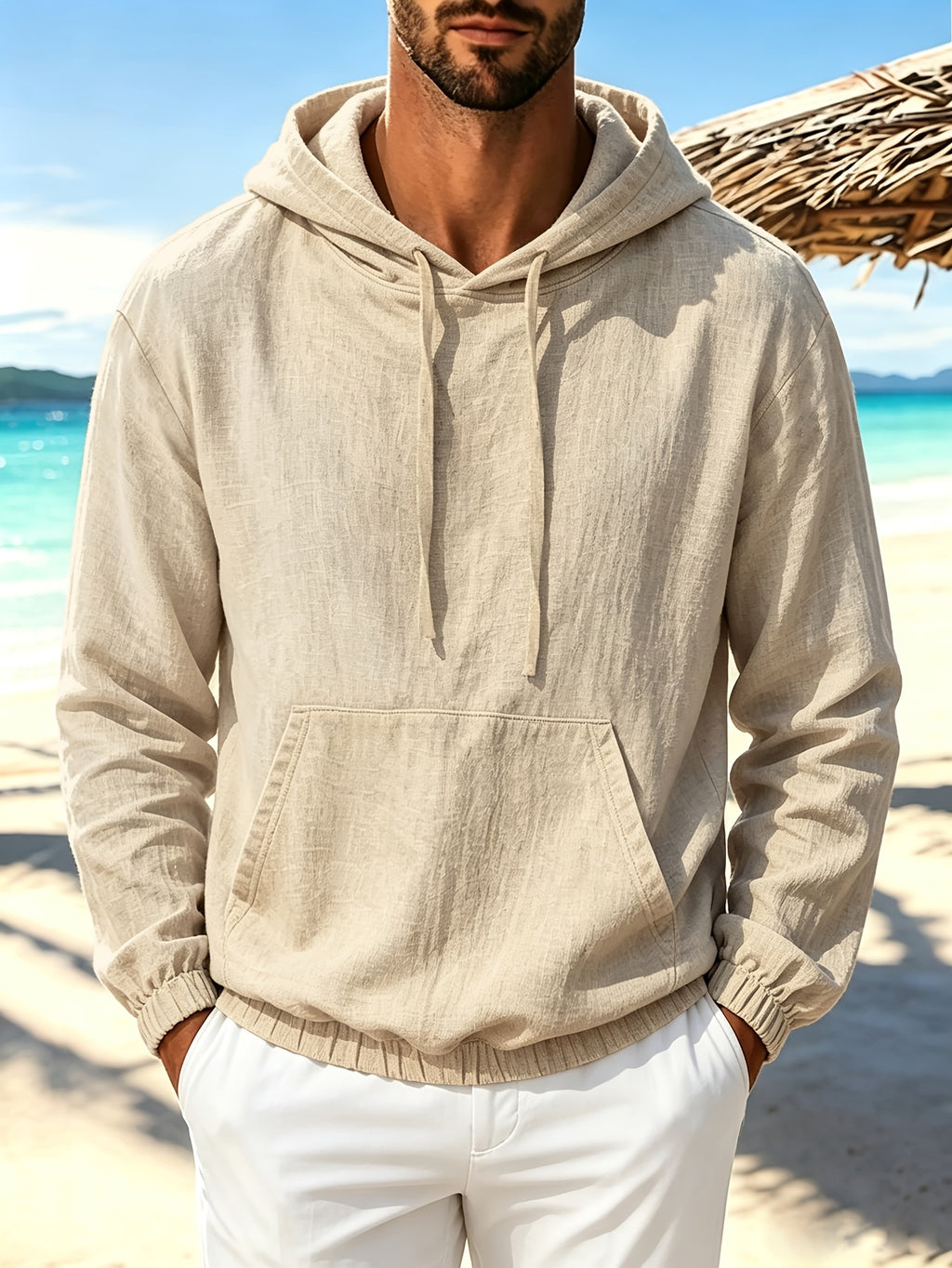 Men'S Spring Autumn New Thin Solid Linen Lightweight Hooded Sweatshirt Casual Commute Outing Fitness Party Street Fashion Athletic Casual Large Pocket Long Sleeve Hooded Top - Off-white