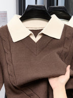 Men'S Faux Two-Piece Polo Collar Cable Knit Sweater, Slim Fit Micro Loose Style, Non-Tight, Suitable for Commute And Casual Wear - SINBOS - Coffee Color