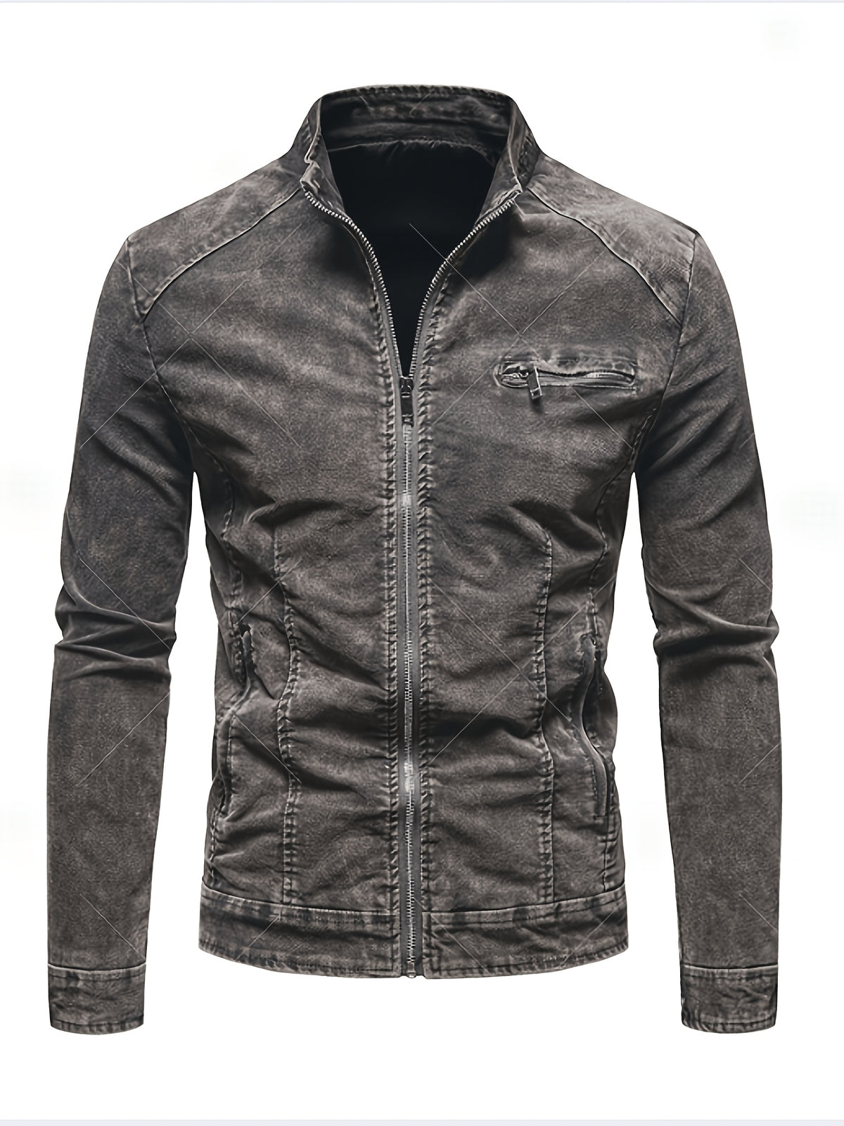 2026 New Washed Tie-Dye Denim Jacket for Men, Korean Style, Fashionable, Spring And Autumn Season, Chest Zipper Decoration, Versatile, Motorcycle Style, Cool And Casual Denim Clothing - Grey