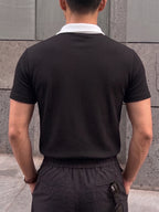 Summer Men'S Slanted Collar Contrast Polo Shirt, Black And White Patchwork Waffle Short Sleeve, Light Mature Style Business Casual Breathable T-Shirt - Midnight Black