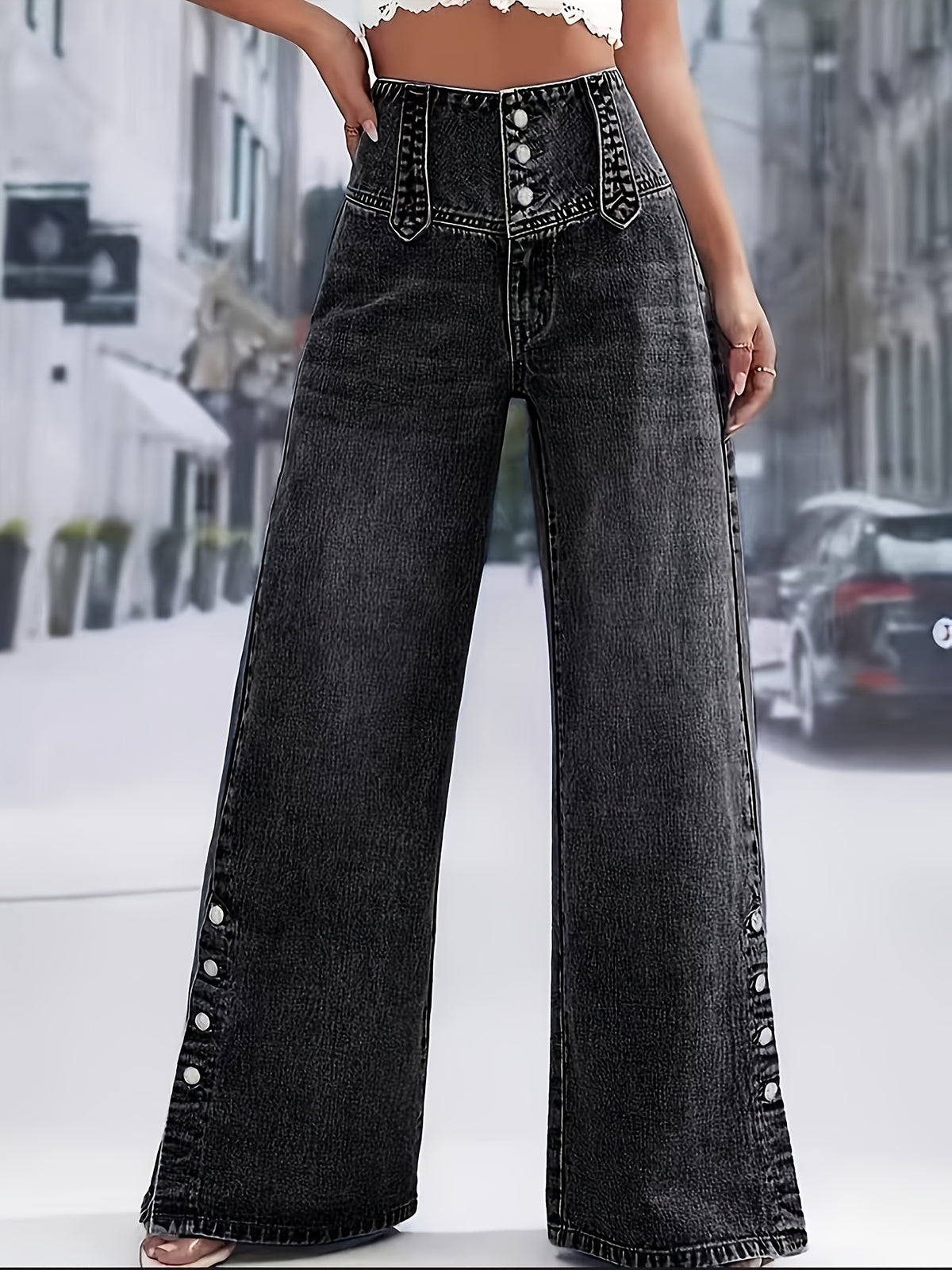 Women's Clothing, Women's Fashion, High-Waisted Button-Front Straight-Leg Jeans, High-Stretch Denim Jeans - Black