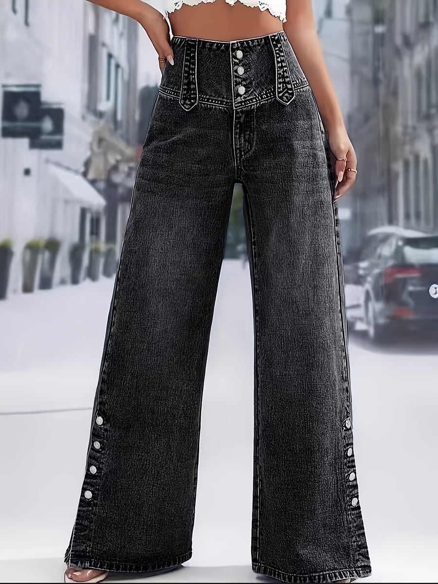 Women's Clothing, Women's Fashion, High-Waisted Button-Front Straight-Leg Jeans, High-Stretch Denim Jeans - Black