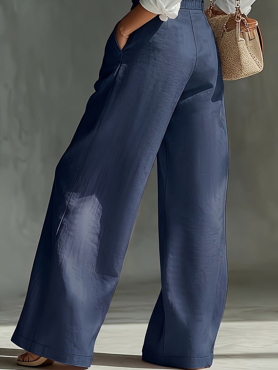 Spring and Autumn High-Waist Pleated Suspender Pants, Vintage Temperament Commuter Casual Trousers - Sea Blue