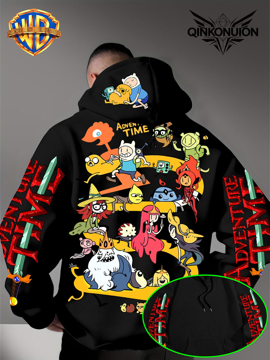 Warner Official Men's Hoodie, Adventure Treasure Full Character Gathering Adventure Print Design, Machine Washable, Warm and Casual for Autumn and Winter, Daily Drawstring Hoodie, Multifunctional Sports and Casual Loose Fit - Black