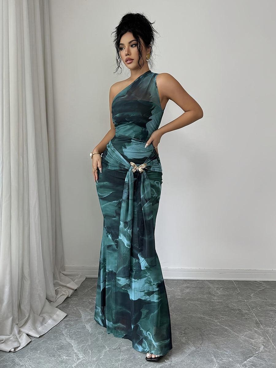 Elegant Smudge-effect Slim-fit Dress for Women, Spring/summer Daytime Party Attire – Asymmetrical Shoulder Sleeveless Mesh Slim-fit Style, Adorned with Metallic Butterfly Embellishments - Malachite Green