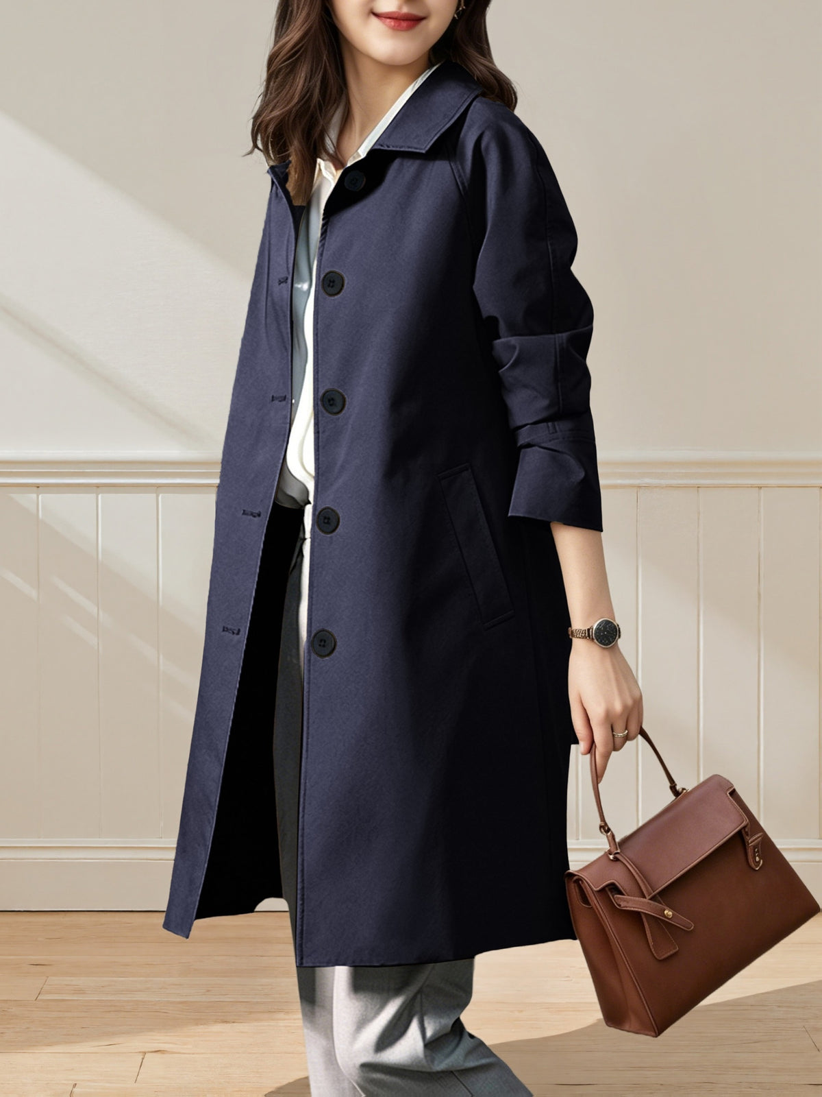 Women'S British Style Mid-Length Trench Coat, Easy And Atmospheric Commuter Temperament Style Jacket, Non-Picky Body Farewell to Passerby Look, Unlined Fabric Style - Navy Color