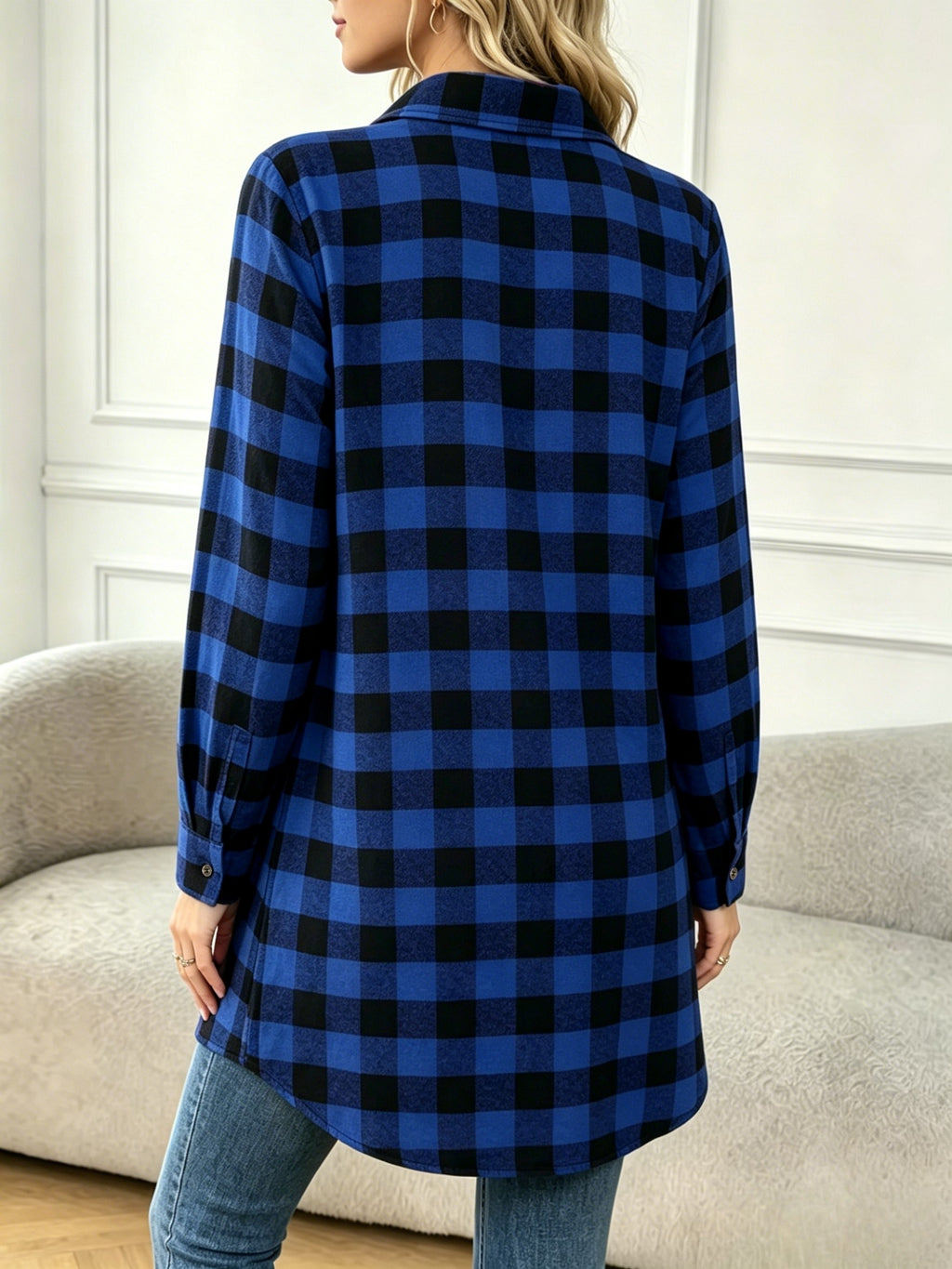 Plaid Long Shirt Jacket, Casual, Loose, Versatile Women'S Mid-Length Plaid Shirt, Classic Lapel Mid-Length Long-Sleeved Shirt, Full Open Placket with Metal Buttons, American Retro Casual Style - Blue Black Grid
