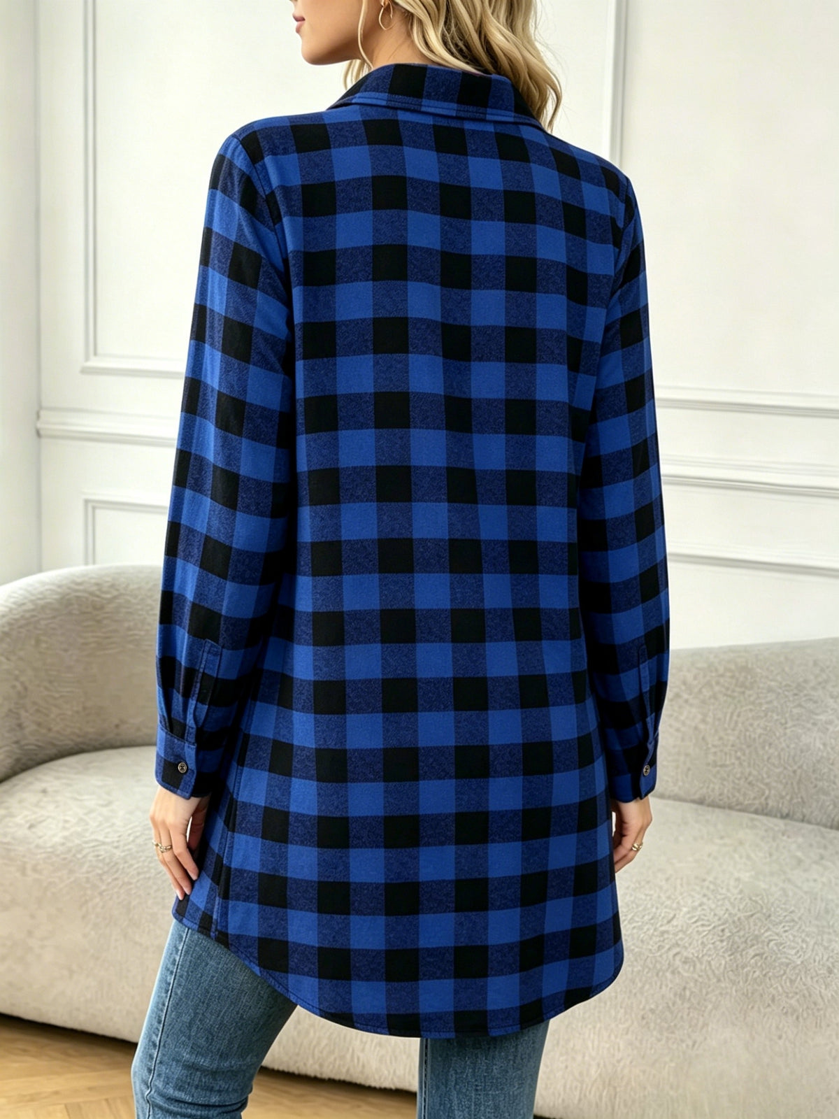 Plaid Long Shirt Jacket, Casual, Loose, Versatile Women'S Mid-Length Plaid Shirt, Classic Lapel Mid-Length Long-Sleeved Shirt, Full Open Placket with Metal Buttons, American Retro Casual Style - Blue Black Grid