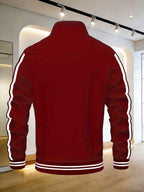 Men's Spring/Autumn Stand Collar Baseball Jacket with "BLACK" Lettering and Diamond Pattern Print, Zipper Front with Contrast Stripes, Lightweight Casual Windproof Sports Jacket - Burgundy